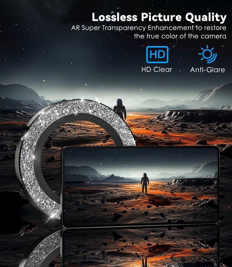 CloudValley for Samsung Galaxy S25 Ultra Camera Lens Protector Bling, 9H Tempered Glass + Aluminum Alloy Lens Protective Ring [Glitter Decoration] Ultra-HD Tempered Glass Cover,Glitter Titanium Black - Image 5